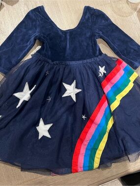 Mini Boden Navy Velvet Star Dress with Rainbow Tulle Sash